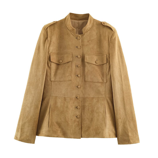 Damen Taillierte Veloursjacke im Fieldstil mit Stehkragen und Brustklappen Nord Taschen