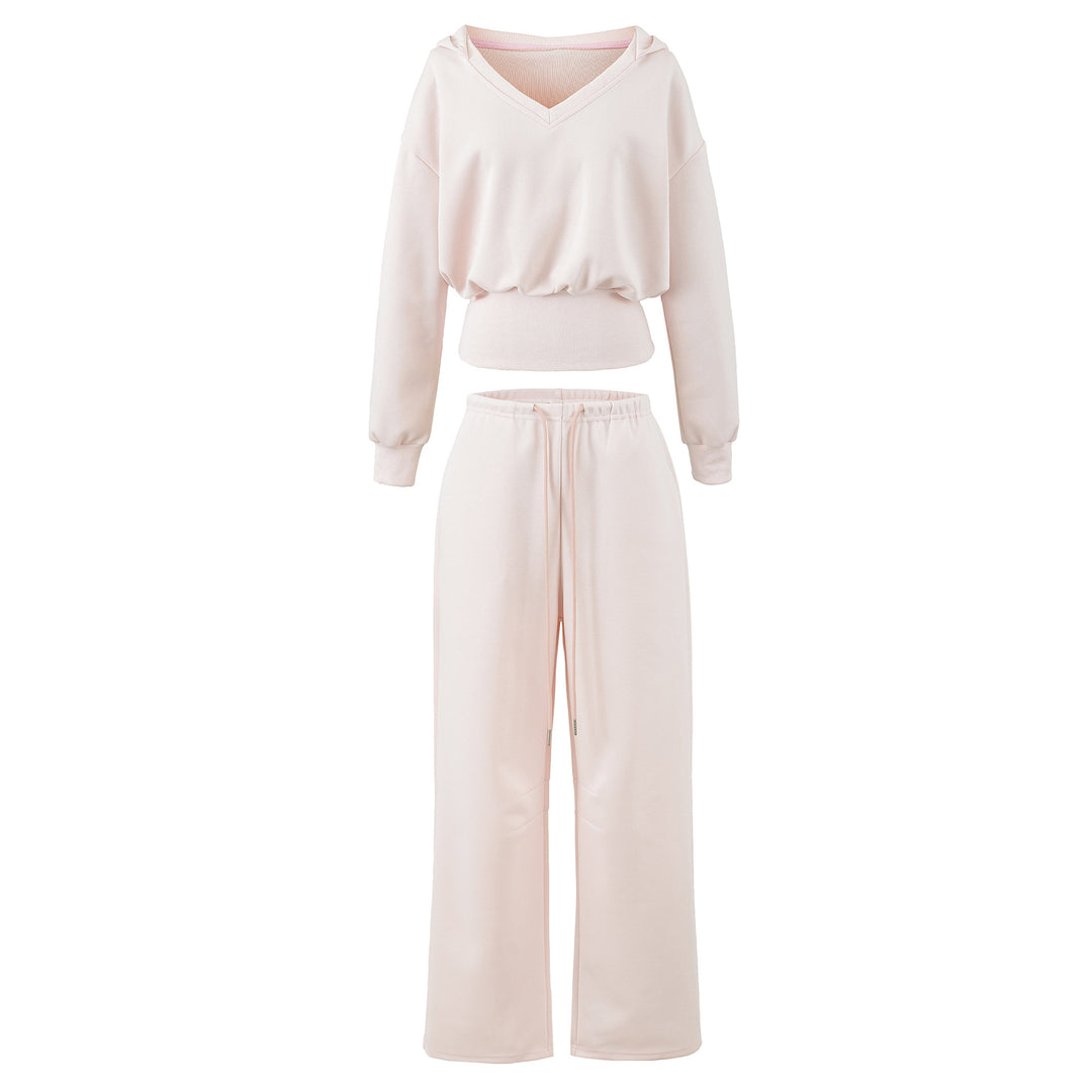 Damen Komfort-Lounge-Set mit kurzem V-Kapuzenpullover und hochgeschnittenen Weitbein-Joggern Nord Taschen