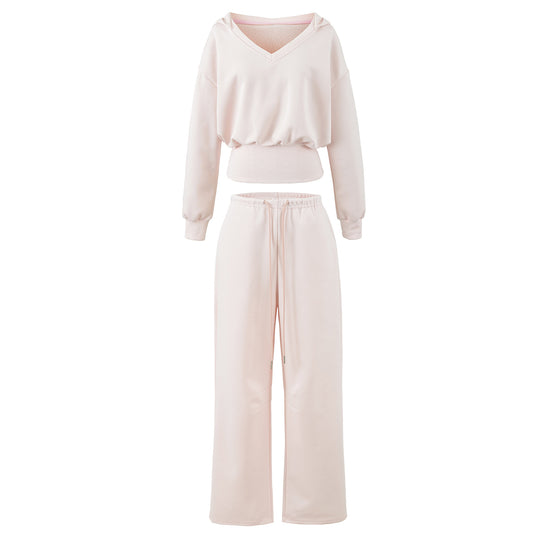 Damen Komfort-Lounge-Set mit kurzem V-Kapuzenpullover und hochgeschnittenen Weitbein-Joggern Nord Taschen