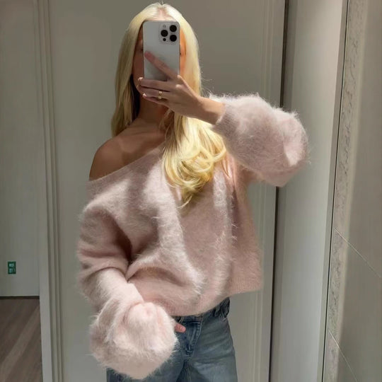 Damen Oversized Strickpullover mit weitem Boatneck, Raglanärmeln und weicher Fluffy-Optik Nord Taschen