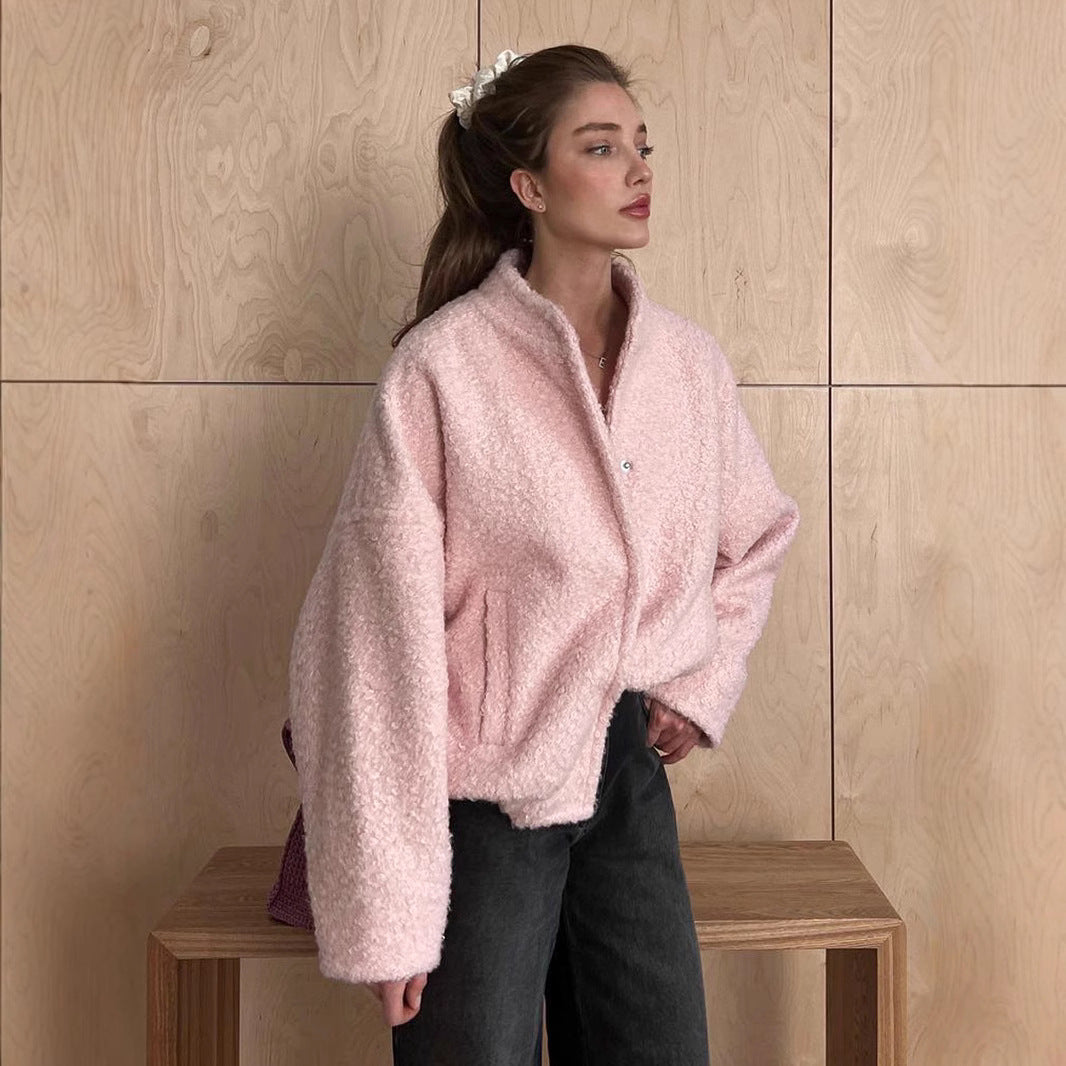 Damen Teddyjacke im Bouclé‑Look mit Rundhals, Oversized‑Passform und Eingrifftaschen Nord Taschen
