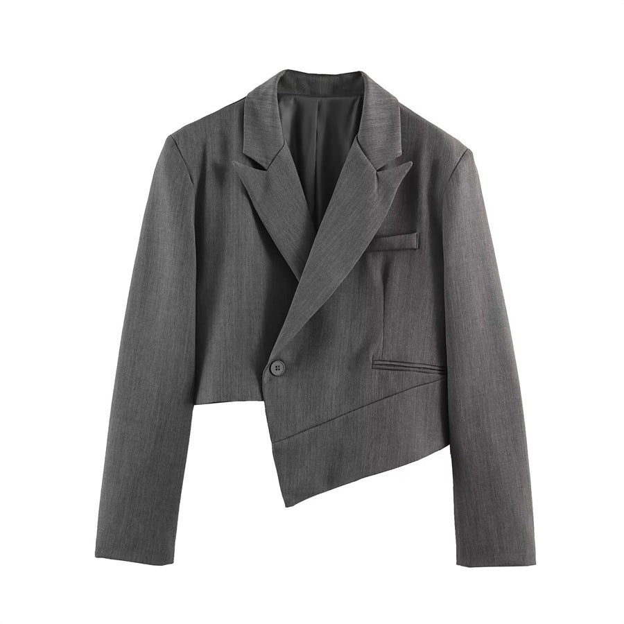 Damen Asymmetrischer Cropped-Blazer mit schräger Saumlinie und Reverskragen Nord Taschen