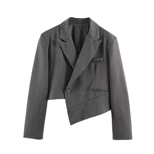 Damen Asymmetrischer Cropped-Blazer mit schräger Saumlinie und Reverskragen Nord Taschen