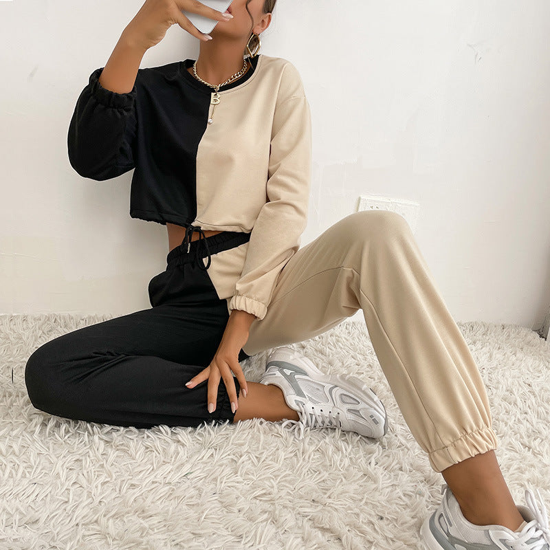 Damen Zweifarbiges Cropped-Jogging-Set mit Tunnelzug, elastischen Bündchen und Boxy-Schnitt Nord Taschen