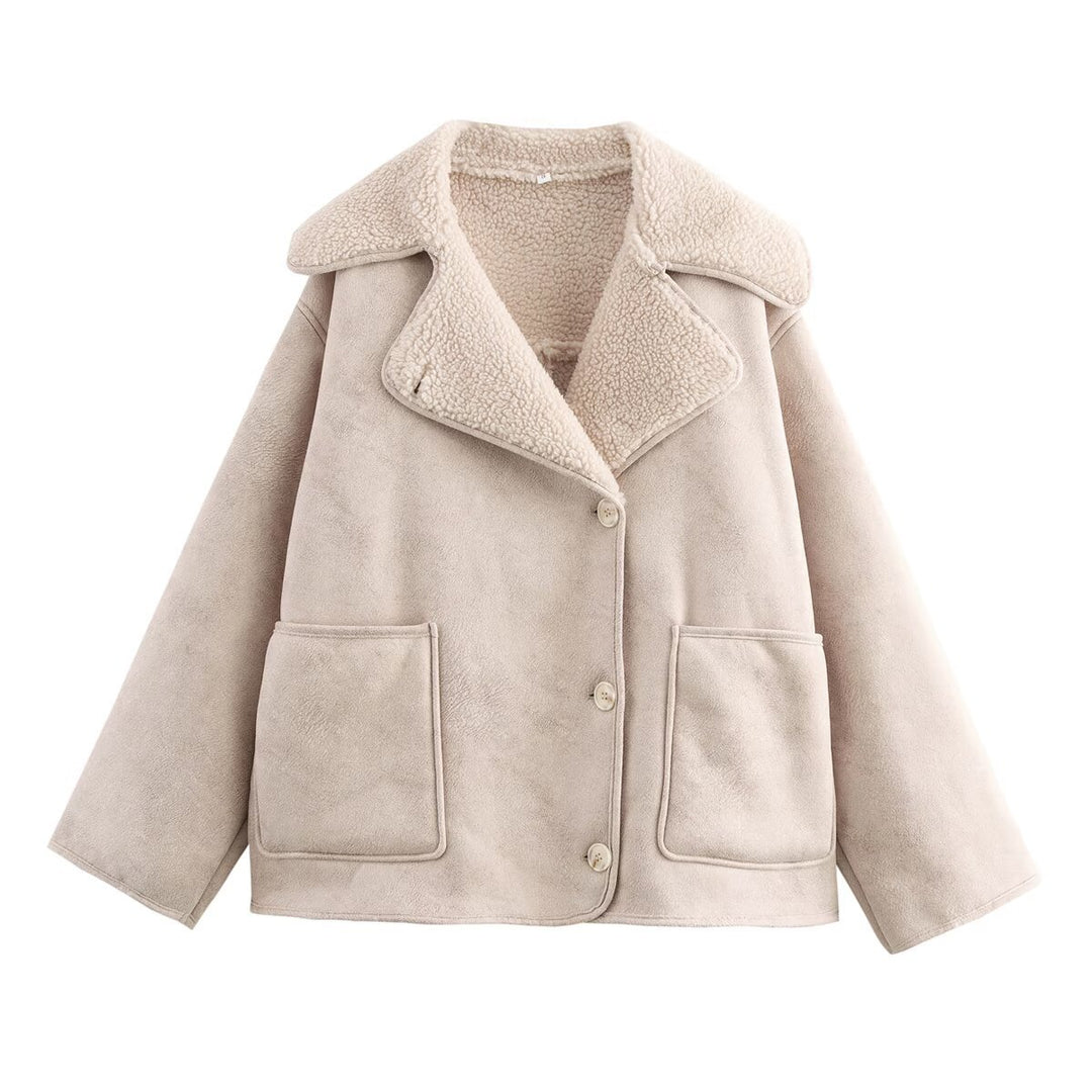 Damen Kurz geschnittener Oversized Lammfellimitat-Mantel mit Teddy-Kragen Nord Taschen