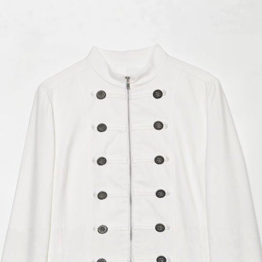 Damen Kurze Militärinspirierte Jacke mit Stehkragen Doppelreihenknöpfen und Reißverschluss Nord Taschen