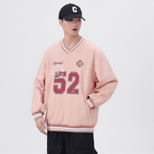 Herren Oversize V‑Ausschnitt Sportsweatshirt im College‑Look mit gestreiften Bündchen Nord Taschen