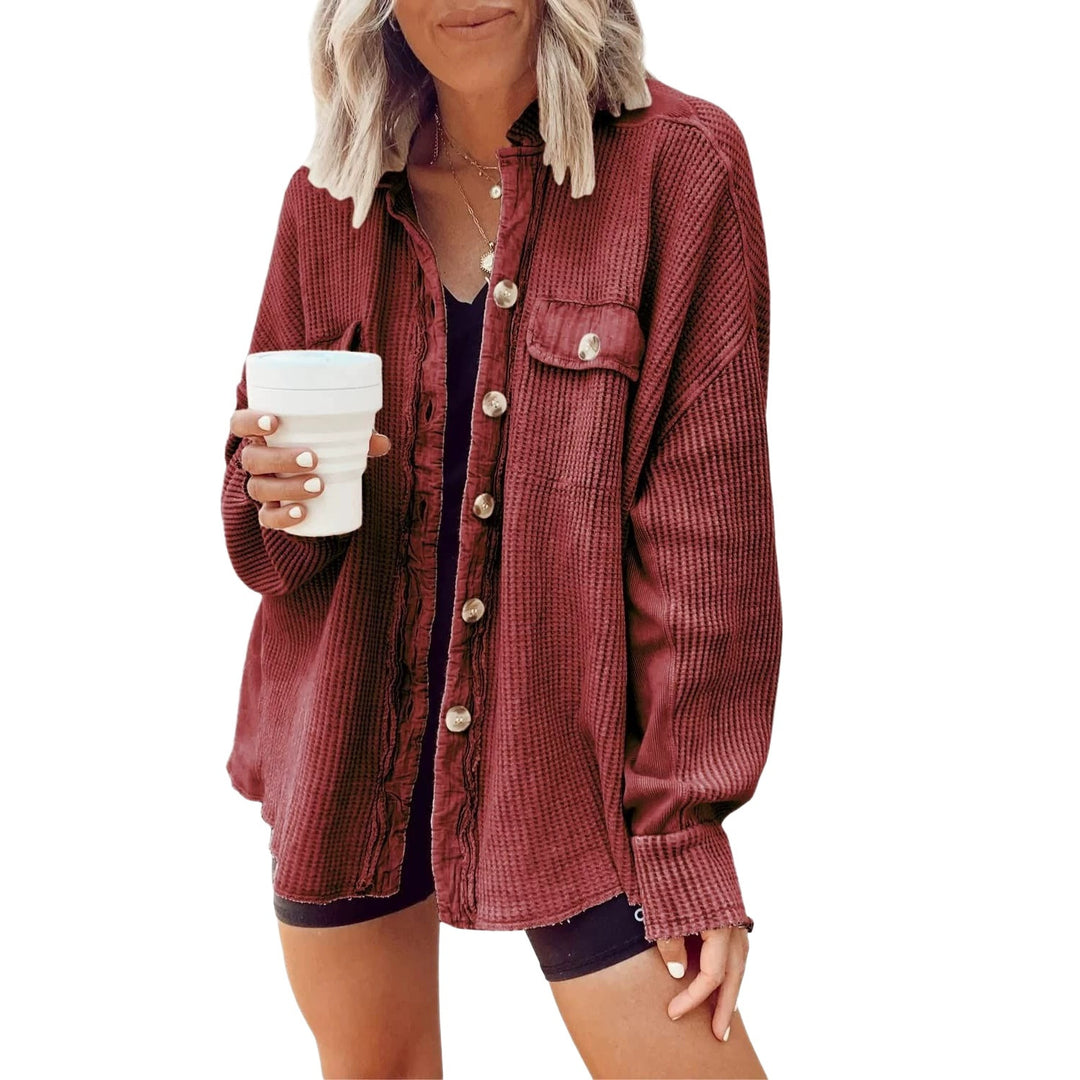 Damen Waffelstrick-Overshirt mit Knopfleiste und Brusttasche Nord Taschen