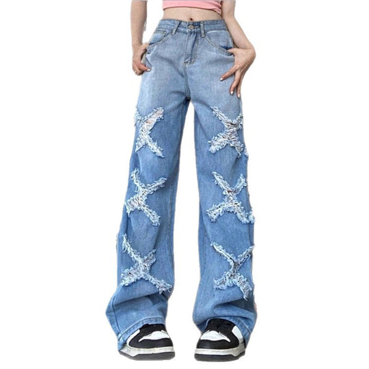 Damen Weite Denim-Jeans im Baggy-Stil mit dekorativen Fransenstern-Applikationen Nord Taschen