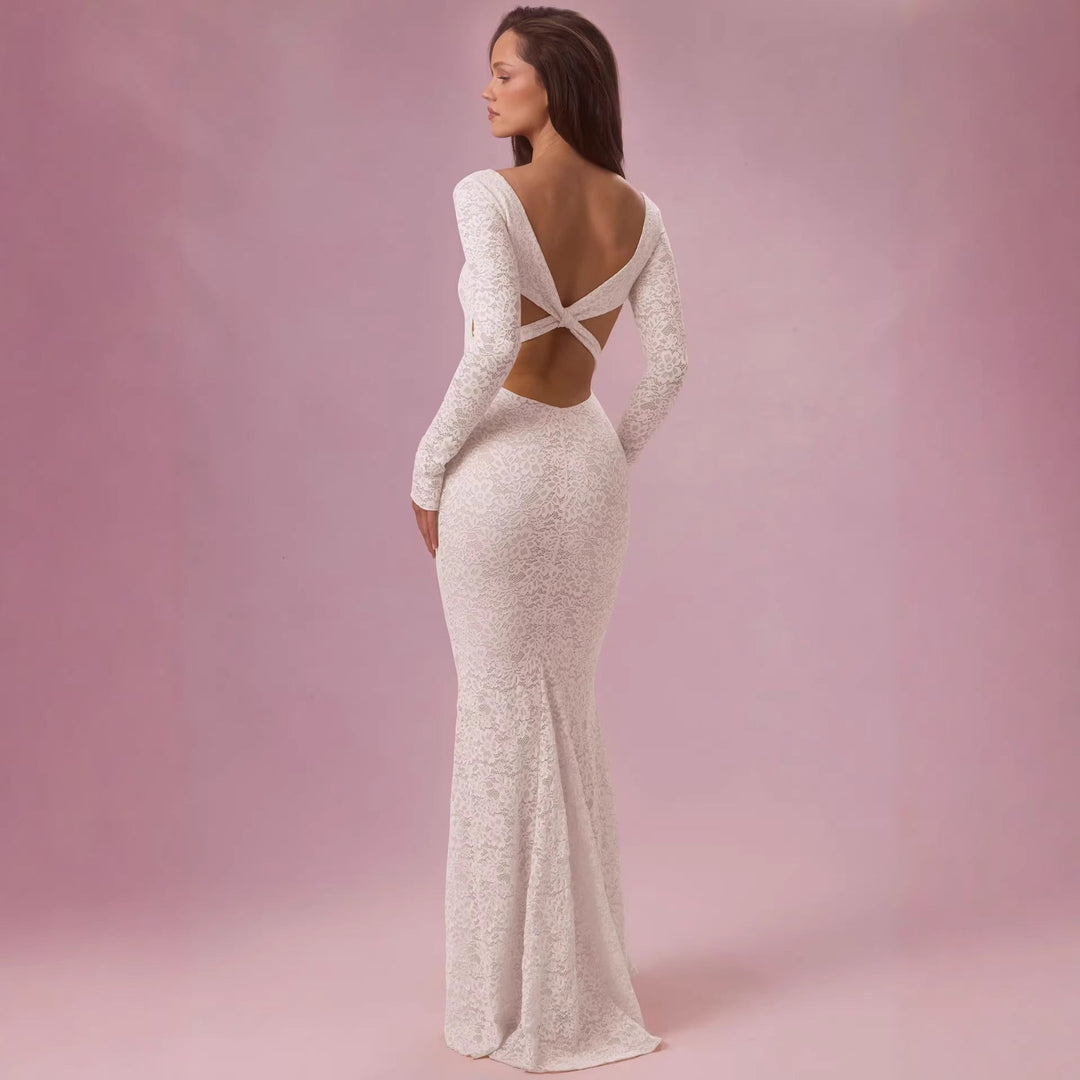 Damen Elegantes Spitzen-Maxikleid mit taillierter Silhouette und langem Arm Nord Taschen