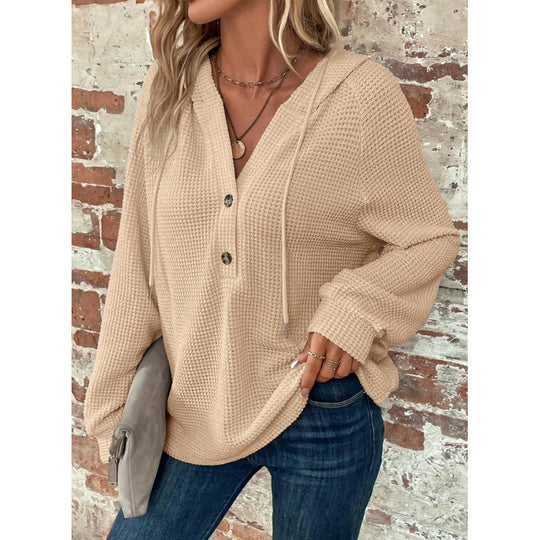 Damen Waffelstrick-Hoodie mit Henley-Knopfleiste und Oversize-Schnitt Nord Taschen