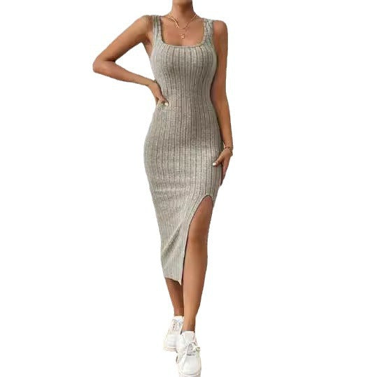 Damen figurbetontes Maxikleid mit hohem Schlitz und dekorativem Rippenmuster