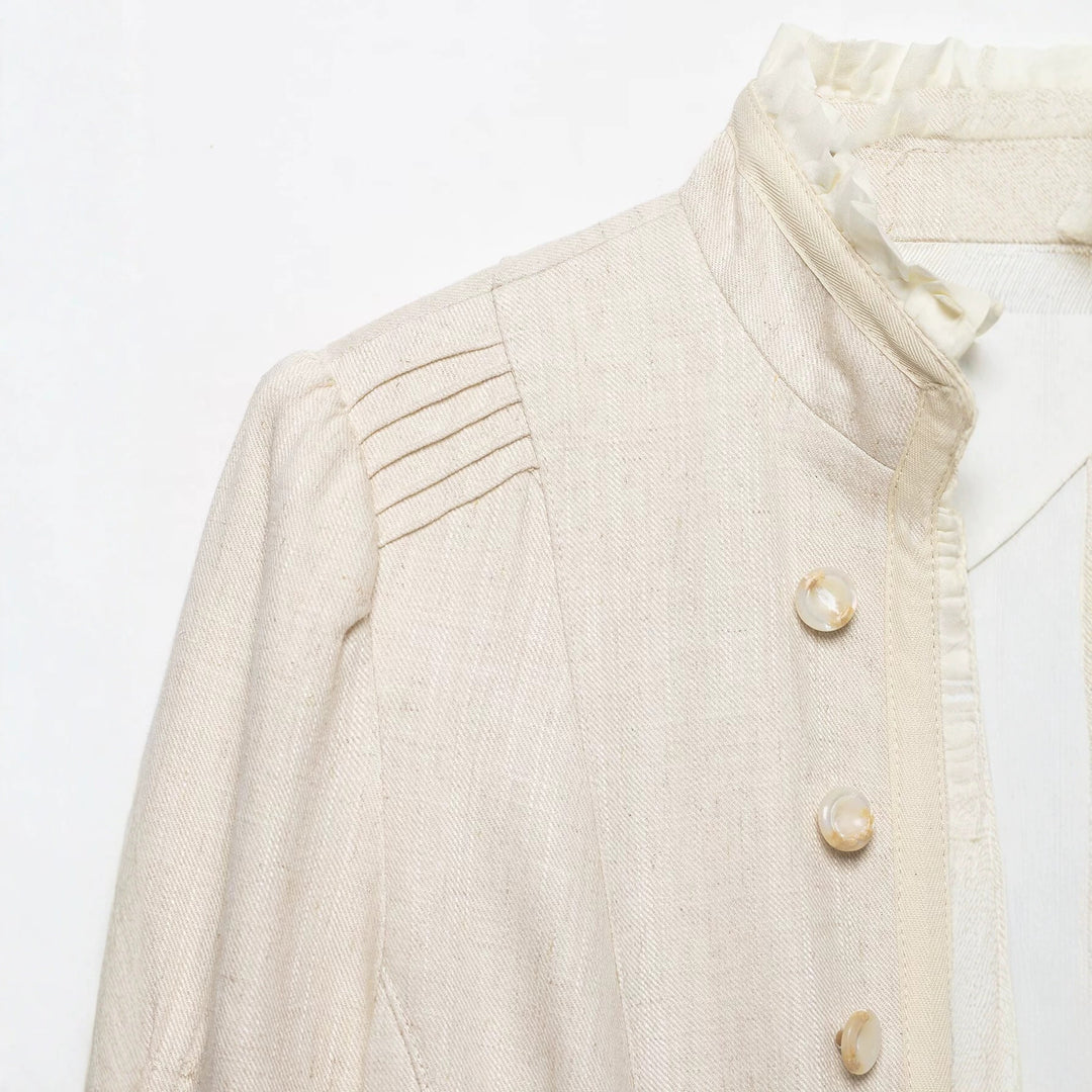 Damen Cropped-Jacke aus Leinenmix mit Stehkragen, Zierknopfleiste und Rüschendetail Nord Taschen