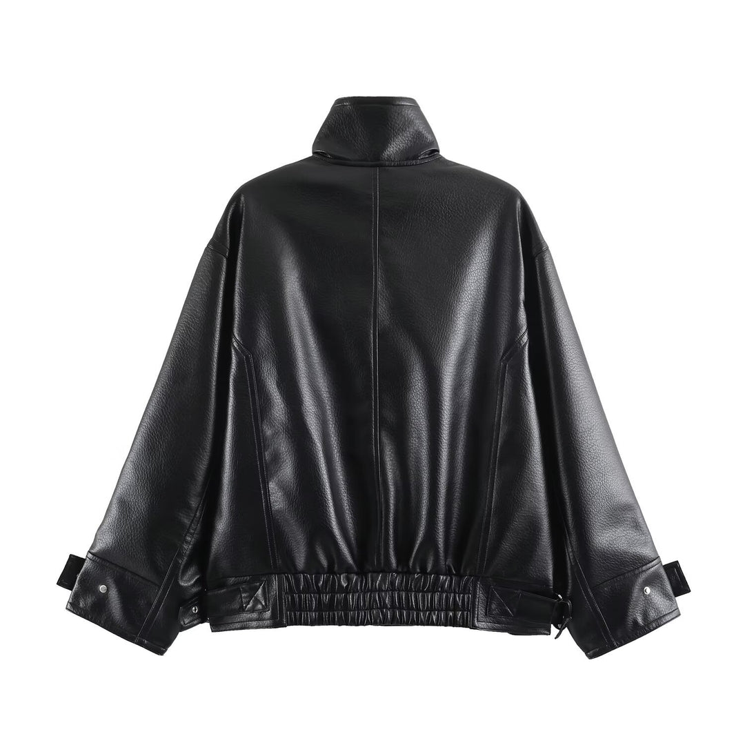 Damen Oversize Kunstlederjacke mit hohem Stehkragen, aufgesetzten Taschen und verstellbaren Schnallen Nord Taschen