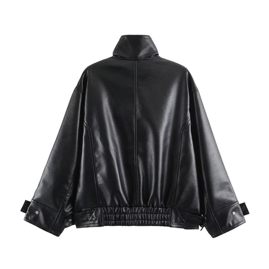 Damen Oversize Kunstlederjacke mit hohem Stehkragen, aufgesetzten Taschen und verstellbaren Schnallen Nord Taschen