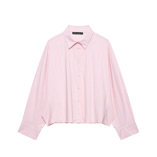 Damen Kurzgeschnittene Oversize‑Hemdbluse mit Nadelstreifen, Hemdkragen und verlängerten Manschetten Nord Taschen