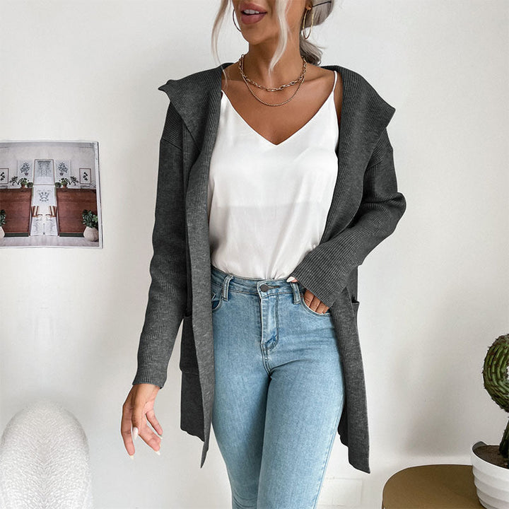 Damen Langärmlige Strickjacke mit Kapuze und seitlichen Taschen