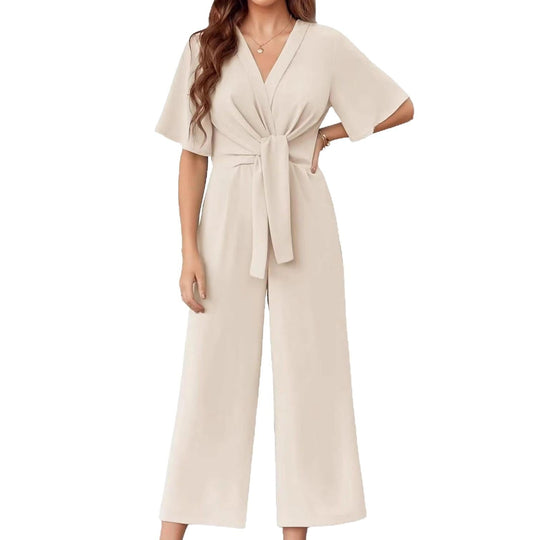 Damen eleganter Wickel-Jumpsuit mit weiten Beinen und Taillengürtel