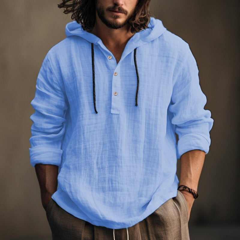 Herren Leichtes Kapuzenhemd im Leinenlook mit Henley-Knopfleiste Nord Taschen