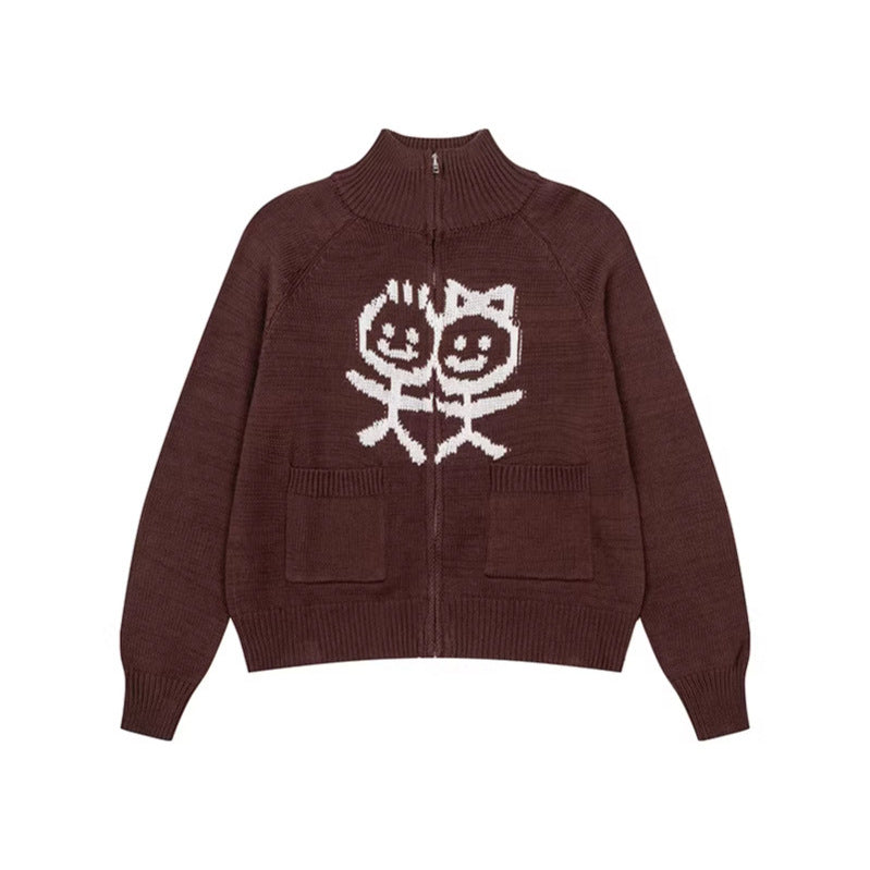 Damen Grobstrick-Zipcardigan mit Stehkragen, aufgesetzten Taschen und Cartoon-Intarsie Nord Taschen