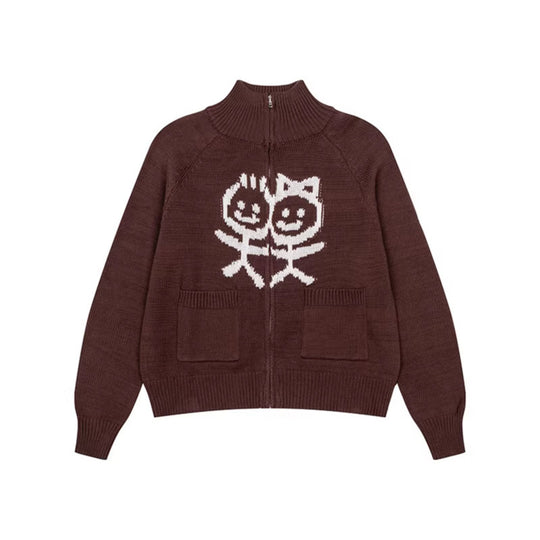Damen Grobstrick-Zipcardigan mit Stehkragen, aufgesetzten Taschen und Cartoon-Intarsie Nord Taschen