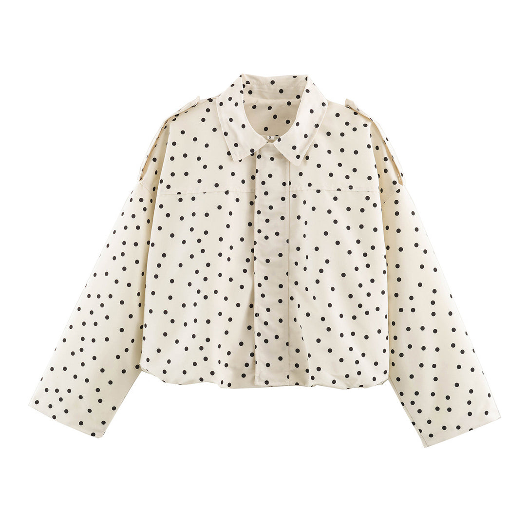 Damen Gepunktete Cropped Blusenjacke mit Hemdkragen und Schulterklappen Nord Taschen