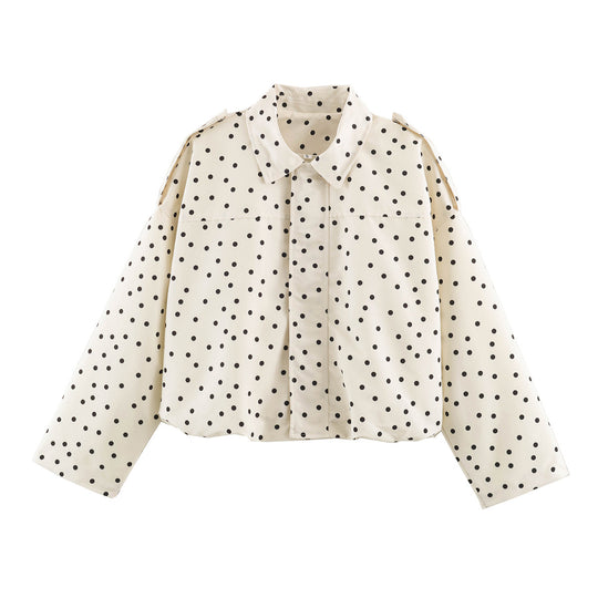 Damen Gepunktete Cropped Blusenjacke mit Hemdkragen und Schulterklappen Nord Taschen