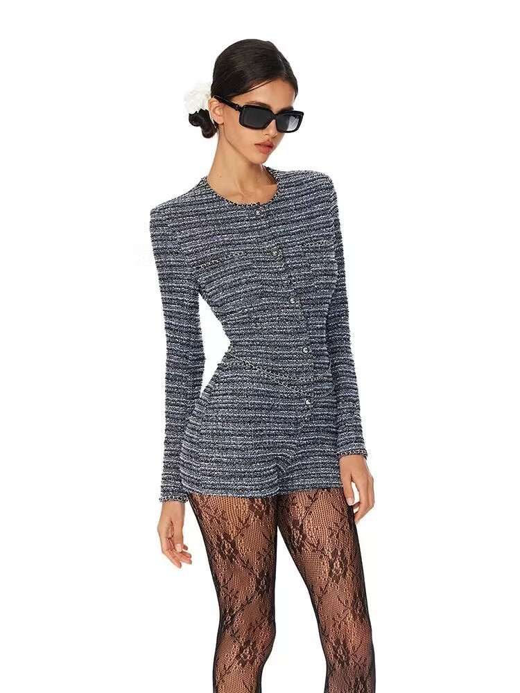 Damen Bouclé-Shorts-Overall mit taillierter Silhouette, Knopfleiste und Zierkette Nord Taschen