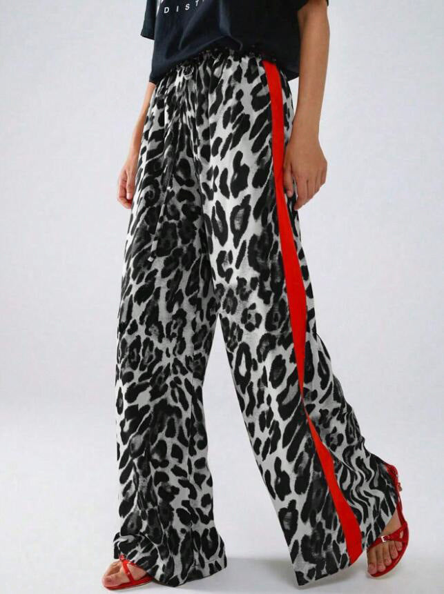 Damen weite Leinenhose mit modischem Leopardenmuster und kontrastierendem Streifen