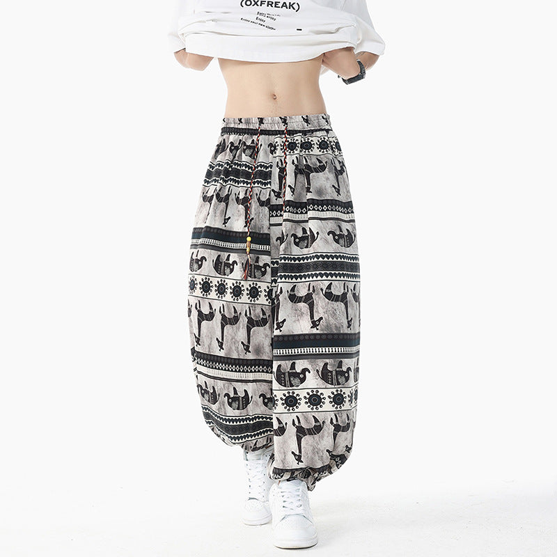Damen Weite Boho-Haremshose aus Baumwollmix mit elastischem Bund und Ethno-Print Nord Taschen