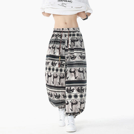 Damen Weite Boho-Haremshose aus Baumwollmix mit elastischem Bund und Ethno-Print Nord Taschen