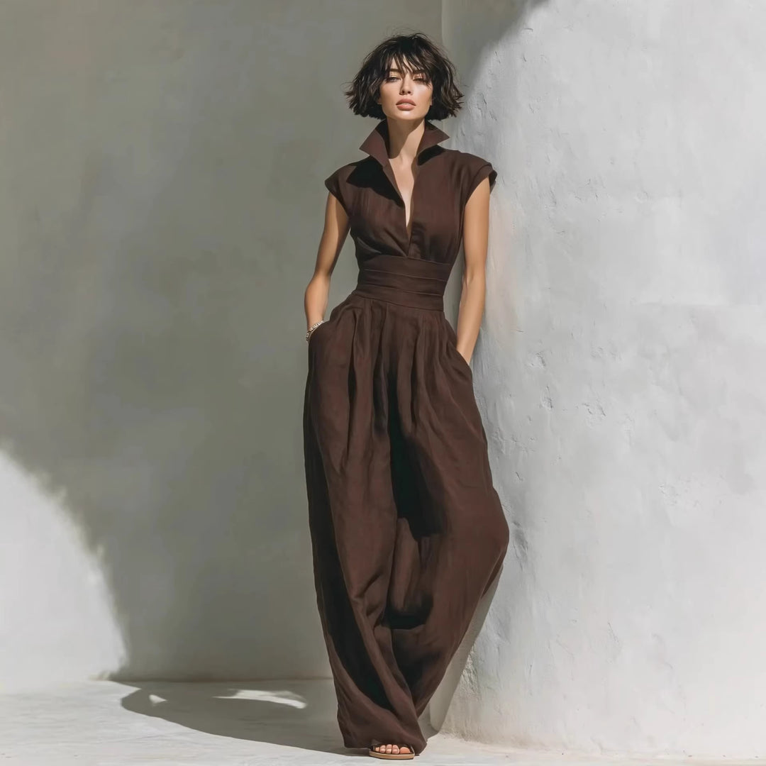 Damen Jumpsuit mit weitem Bein, tailliertem Wickelbund und Stehkragen Nord Taschen