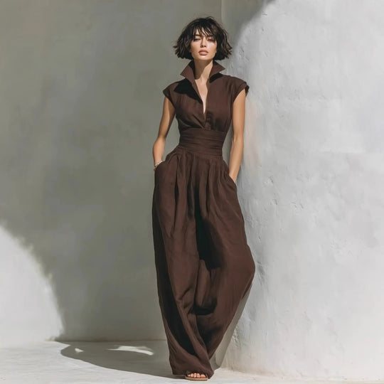 Damen Jumpsuit mit weitem Bein, tailliertem Wickelbund und Stehkragen Nord Taschen