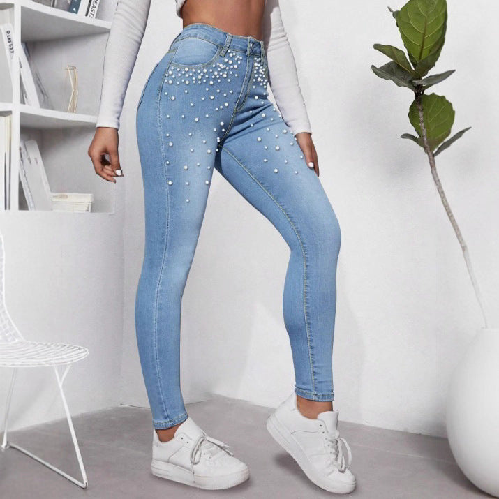 Damen High‑Waist Skinny-Jeans mit dekorativem Perlen-Cluster und Sculpting-Schnitt Nord Taschen