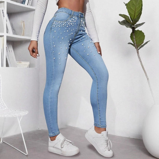 Damen High‑Waist Skinny-Jeans mit dekorativem Perlen-Cluster und Sculpting-Schnitt Nord Taschen