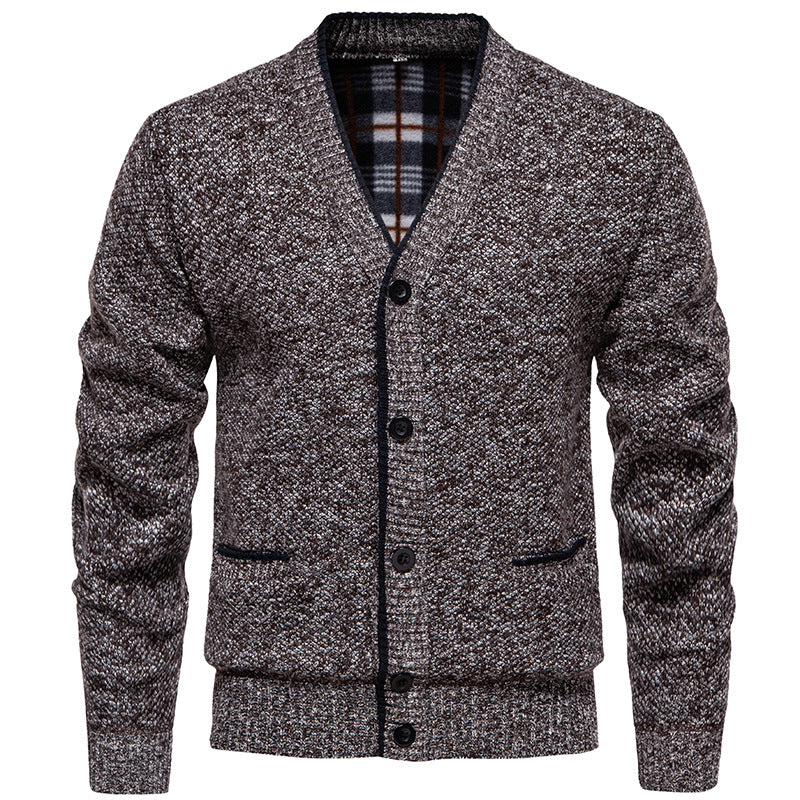 Herren Strukturierter V-Ausschnitt Strickcardigan mit kontrastierter Kante und kariertem Innenbesatz Nord Taschen