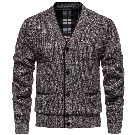 Herren Strukturierter V-Ausschnitt Strickcardigan mit kontrastierter Kante und kariertem Innenbesatz Nord Taschen