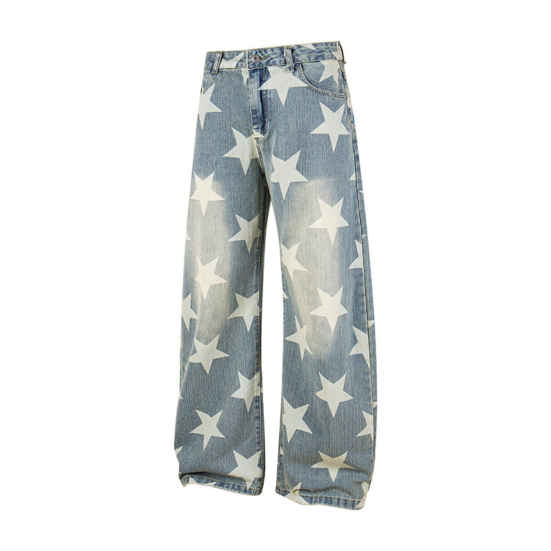 Damen Weite Hochbund-Culotte-Jeans mit hoher Taille und Allover-Sterneprint Nord Taschen