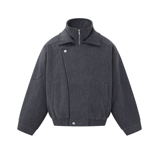 Herren Boxy Wollmix-Blousonjacke mit asymmetrischem Doppelverschluss und hohem Stehkragen Nord Taschen