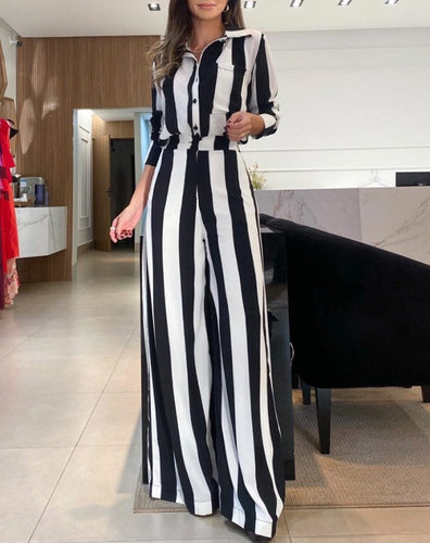 Damen Eleganter Jumpsuit mit auffälligem Streifenmuster und praktischen Taschen