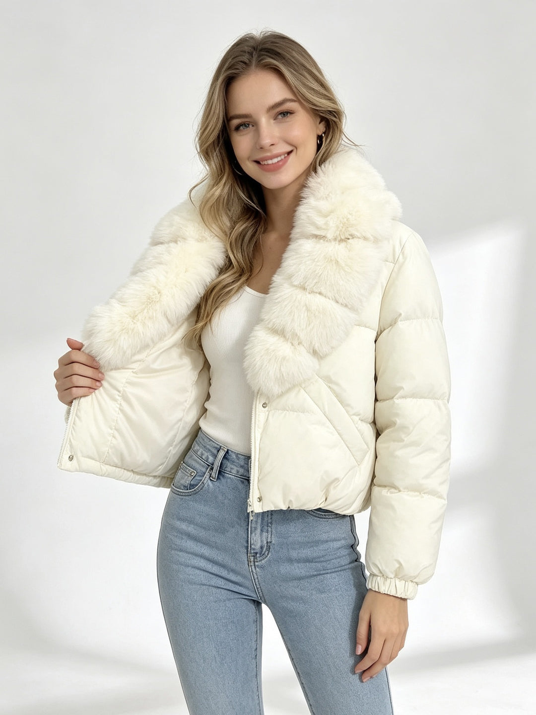 Damen nan kurze wattierte Cropped-Jacke mit extra voluminösem Kunstpelz-Schalkragen und elastischen Bündchen Nord Taschen