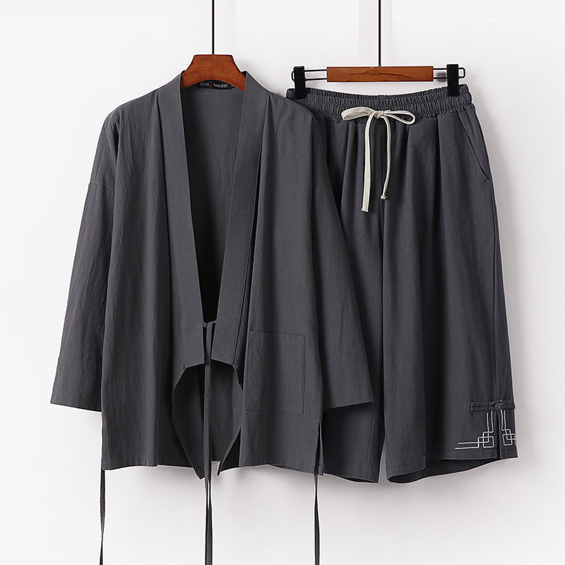 Damen Zen-Kimono-Lounge-Set aus atmungsaktivem Baumwollmix mit Bindebandjacke und weiten Culotte-Hose Nord Taschen