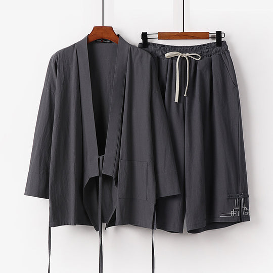 Damen Zen-Kimono-Lounge-Set aus atmungsaktivem Baumwollmix mit Bindebandjacke und weiten Culotte-Hose Nord Taschen