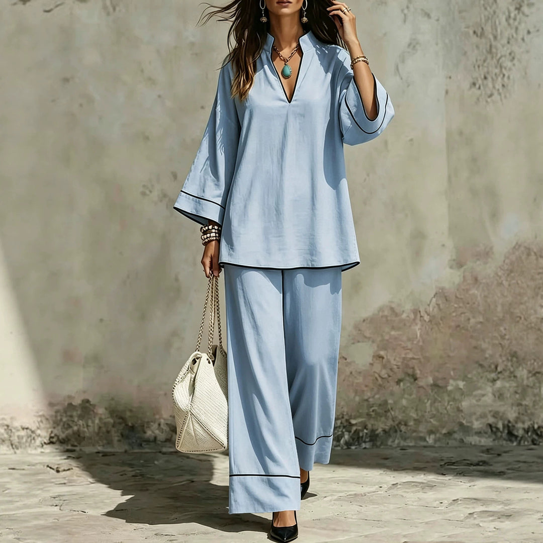 Damen Lässiges zweiteiliges Leinenoptik-Loungewear-Set mit Stehkragen, V-Ausschnitt und weitem Beinschnitt Nord Taschen