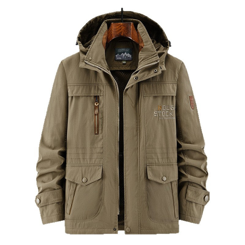 Herren Technische Feldjacke mit Kapuze, Multifunktionstaschen und atmungsaktivem Meshfutter Nord Taschen
