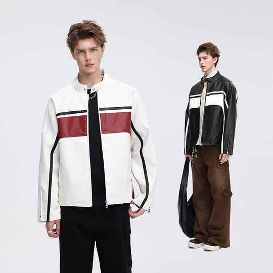 Herren Kontrast-Kunstleder-Bikerjacke mit Stehkragen und Zip-Ärmeln Nord Taschen