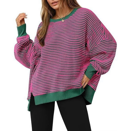 Damen Gestreifter Oversize-Sweater mit Rundhalsausschnitt und Seitenschlitzen Nord Taschen