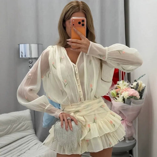 Damen Zweiteiliges Chiffon‑Set mit bestickter Transparentbluse und Volant‑Minirock Nord Taschen