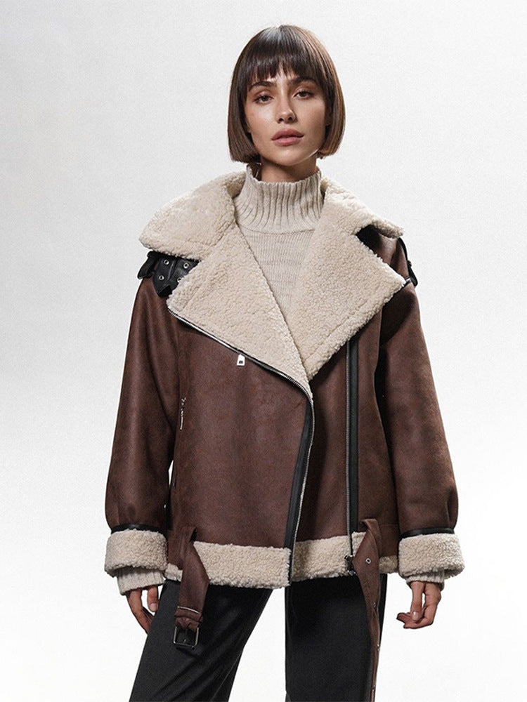 Damen Oversized Bikerjacke mit Teddyfell-Futter und verstellbaren Gürteln Nord Taschen