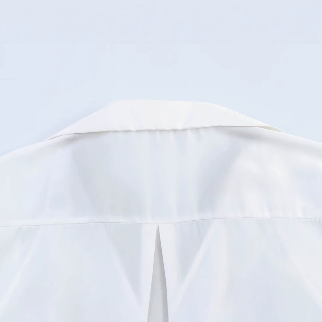 Damen Seidige Oversize-Bluse mit Spitzeneinsatz und Hemdkragen Nord Taschen